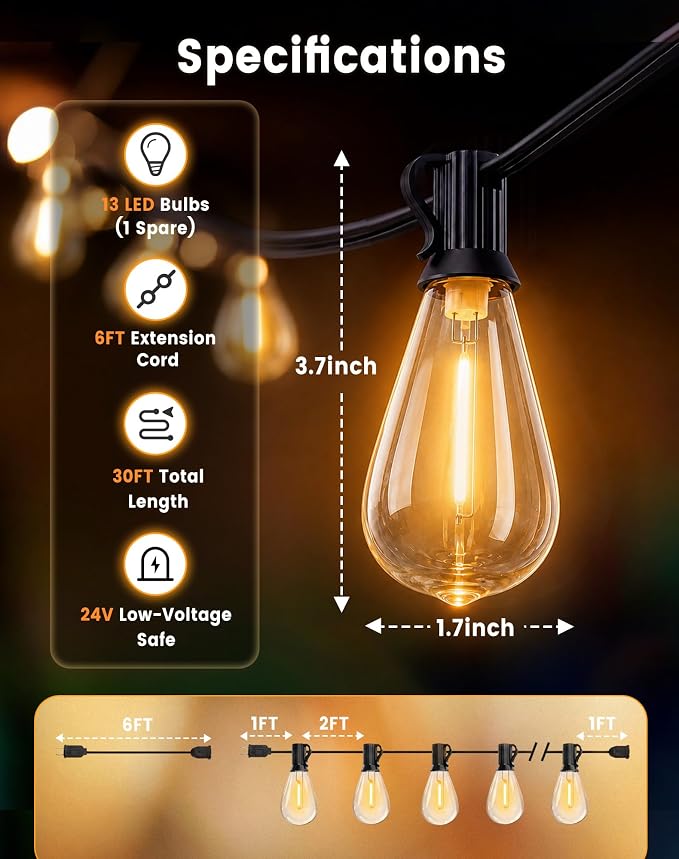 30FT(24+6) Outdoor LED String Lights with 2FT Bulb Spacing, Waterproof, Shatterproof, Dimmable, Warm White, 3 Lighting Modes, Timer, Plug in Hanging Backyard Lights for Outside, Patio