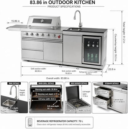 84 Inch Outdoor Kitchen Island Grill, 6 Burner 75300 BTU Propane BBQ Grill with Sink & Wheels Beverage Refrigerator, Rotisserie Kit, Griddle, Backyard BBQ SS304 Stainless Steel, Granite Top, Silver