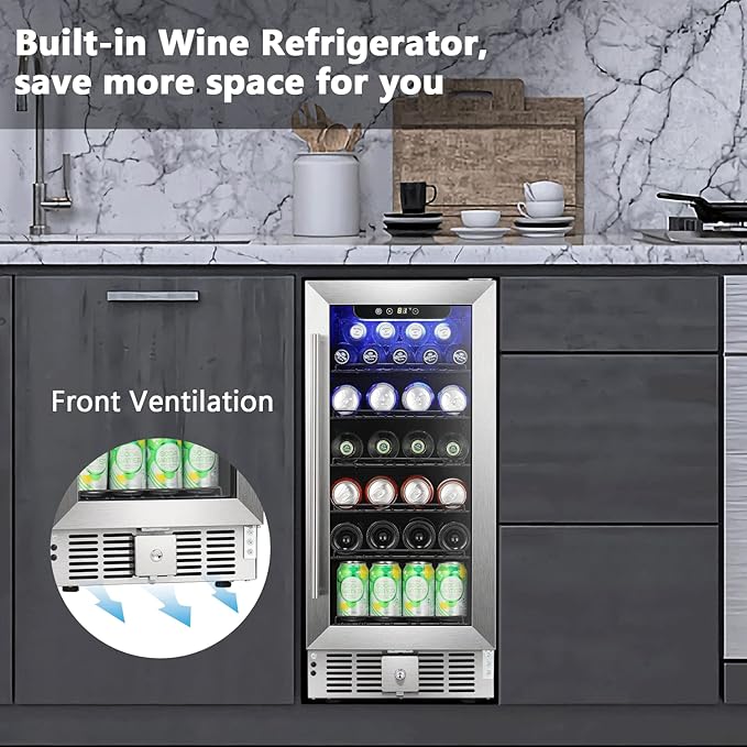 COWSAR Wine Fridge 15inch Beverage Refrigerator 2.9 Cu.Ft. Freestanding or Under Counter Cooler Stainless Steel Beer Fridge Mini ETL Approved