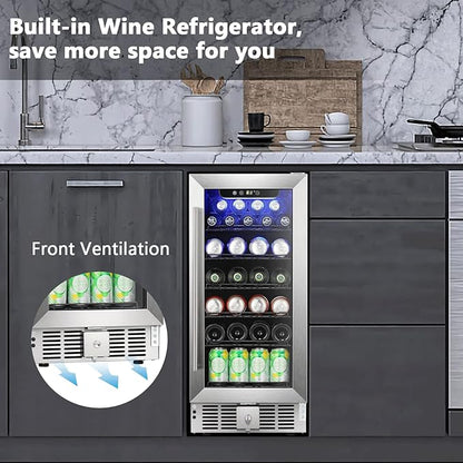 COWSAR Wine Fridge 15inch Beverage Refrigerator 2.9 Cu.Ft. Freestanding or Under Counter Cooler Stainless Steel Beer Fridge Mini ETL Approved