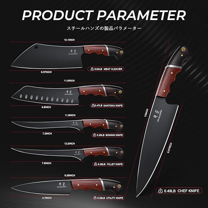 DRGSKL Kitchen Knife Set with Bag - 6 PCS Chef Knives Set - Cleaver, Boning, Fillet, Santoku, Kitchent Utility Knives, Chef Knife with Full Tang Wooden Handle, Gifts for Men and Women