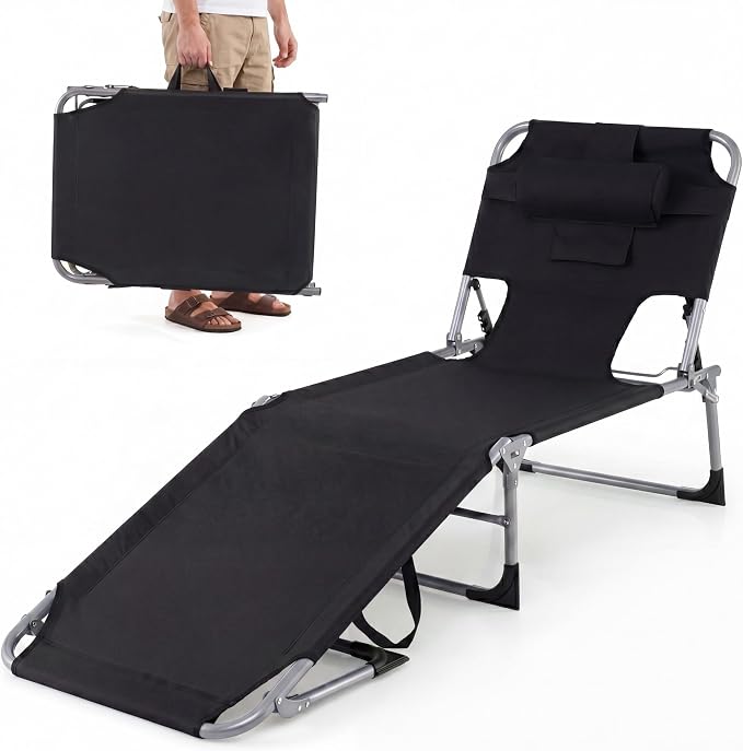 Goplus Tanning Chair, Folding Beach Lounge Chair with Face &Arm Hole, 4-Position Adjustable,Removable Pillow,Side Pocket, Sunbathing Chair, Portable Outdoor Lounge Chair for Patio Pool Lawn (1, Black)