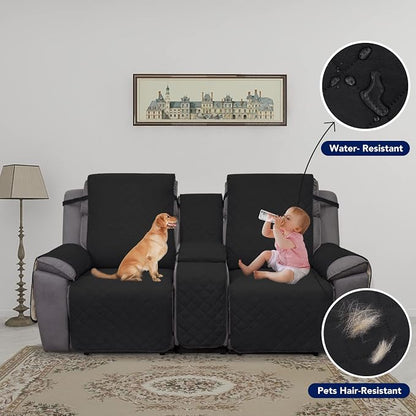 PureFit Water Resistant Reversible Loveseat Recliner Cover - Non Slip Furniture Protector for 2 Seat Recliner, Black/Beige | Double with Console, Non Slip Split Sofa Cover, Washable Reclining Cover, Black/Beige
