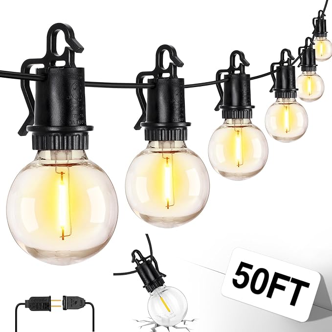 ZJOJO 50FT 26LEDOutdoor String Lights, G40 Globe Outdoor Lights | 25 Shatterproof LED Bulbs 2700K,IP65 Waterproof Patio Light for Outside Backyard Cafe Camping Fence