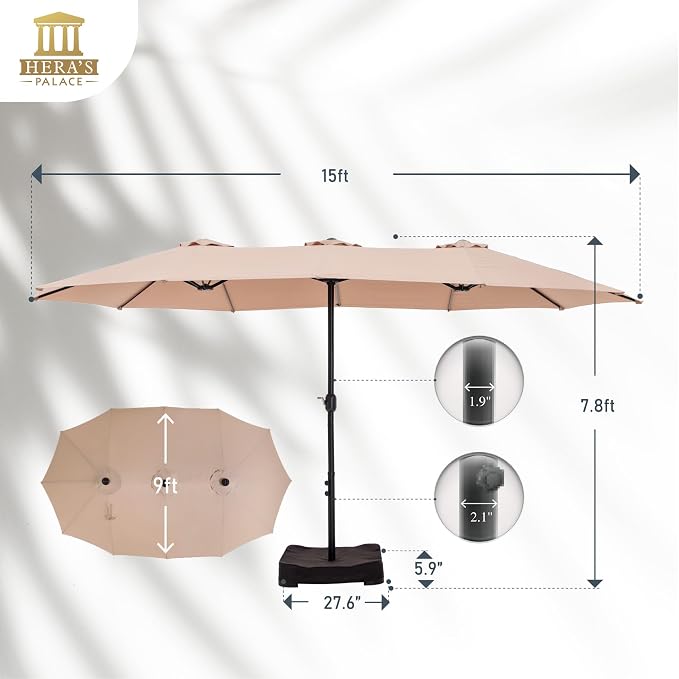 HERA'S PALACE 15ft Patio Umbrella, Base Included, Rectangular, Beige | outdoor, table, large, 15, rectangle, double, pool, stand, clearance, outside, triple, shade, sun