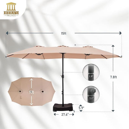 HERA'S PALACE 15ft Patio Umbrella, Base Included, Rectangular, Beige | outdoor, table, large, 15, rectangle, double, pool, stand, clearance, outside, triple, shade, sun