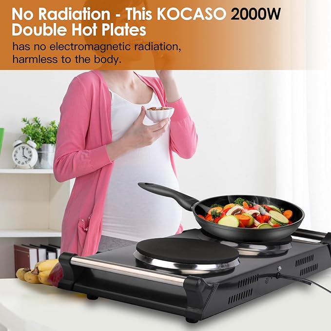 Electric Hot Plate for Cooking, 2000W Portable Cooking Stove Countertop Dual Burner Cooktop, Adjustable Temperature Control for All Cookwares Home Camp RV, Easy to Clean (Black)