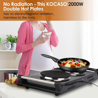 Electric Hot Plate for Cooking, 2000W Portable Cooking Stove Countertop Dual Burner Cooktop, Adjustable Temperature Control for All Cookwares Home Camp RV, Easy to Clean (Black)