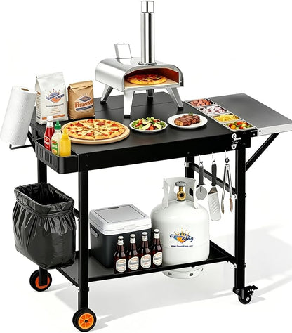 Outdoor Pizza Oven Table, Portable Pizza Oven Cart with Topping Station, Heavy Duty Grill Cart Table with Pizza Prep Station with Storage, Fit Ninja Cuisinart Gozney and Blackstone Griddle