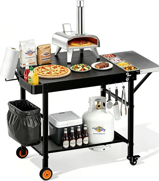 Outdoor Pizza Oven Table, Portable Pizza Oven Cart with Topping Station, Heavy Duty Grill Cart Table with Pizza Prep Station with Storage, Fit Ninja Cuisinart Gozney and Blackstone Griddle