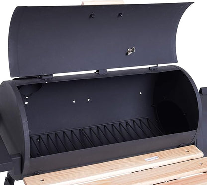 48" Steel Portable Backyard Charcoal BBQ Grill and Offset Smoker Combo with Wheels, Storage Shelves, and Thermometer