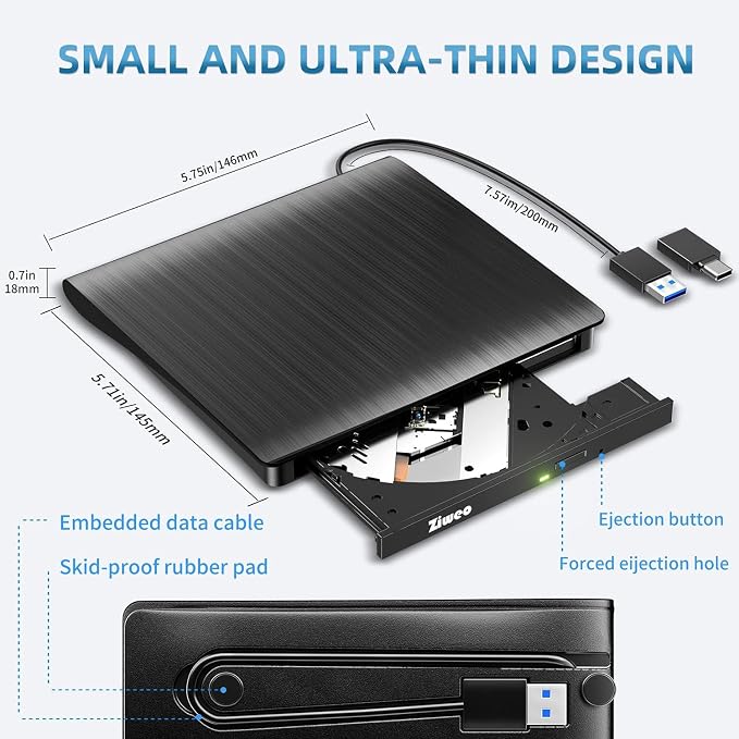 Ziweo External CD DVD Drive, Portable USB 3.0 Type-C CD Burner CD +/-RW Drive DVD Player for ROM Rewriter Burner Compatible with Laptop Desktop PC Windows MacBook Linux Mac OS