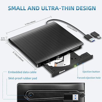 Ziweo External CD DVD Drive, Portable USB 3.0 Type-C CD Burner CD +/-RW Drive DVD Player for ROM Rewriter Burner Compatible with Laptop Desktop PC Windows MacBook Linux Mac OS