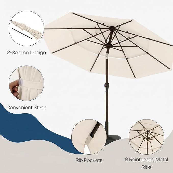 10ft 3 Tier Patio Umbrella, Outdoor Market Table Umbrella with UPF 50+ Vented Canopy, 8 Sturdy Ribs, Easy Push Button Tilt and Crank, Windproof for Deck, Pool, Backyard and Garden
