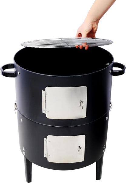 17 Inch Heavy Duty Steel Charcoal Smoker, Round BBQ Grill, Portable Outdoor Barbecue Grill for Backyard Camping Party Cooking, Black
