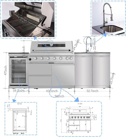 Modular Outdoor Kitchen Island,6-Burner 85000 BTU Stainless Steel Propane Gas Outdoor Kitchen Barbecue Island with Electric Rotisserie,Sink,BBQ Grill,Refrigerator and Cabinets (Silver, 96 Inch)