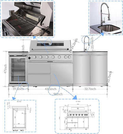 96-Inch 6-Burner Propane Gas Outdoor Grill Island, 85000 BTU Stainless Steel BBQ with Refrigerator, Sink, Granite Countertops, For Backyard BBQ, Silver