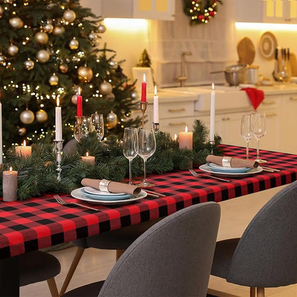 Buffalo Rectangle Picnic Tablecloth, 6 Foot Elastic Fitted Vinyl Table Cloth with Flannel Backing, Waterproof Plaid Table Covers for Dining, Camping, Outdoor (Black and Red, 30" x 72")