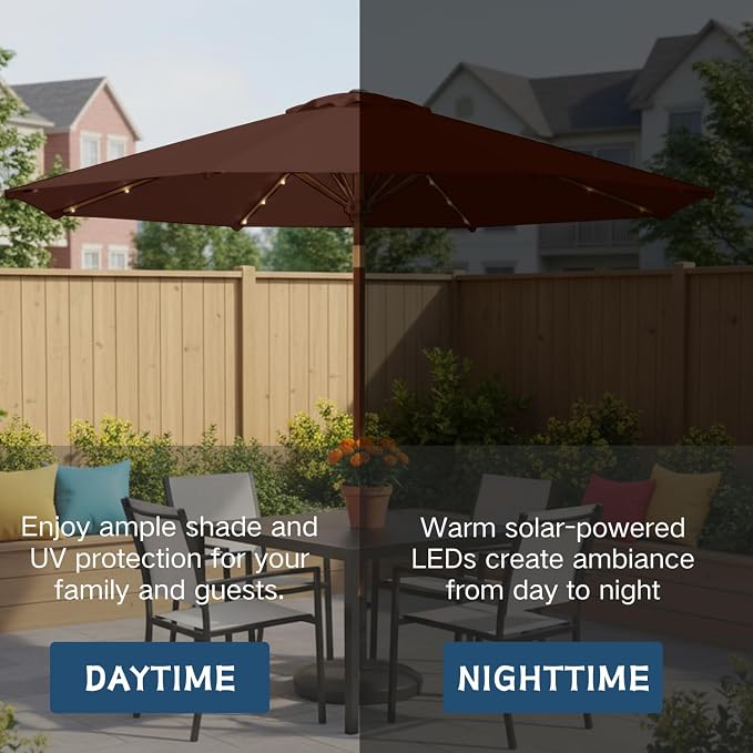 9' Solar LED Patio Umbrella with Tilt & Crank|8 Sturdy Ribs,UV Protection,Outdoor Market Table Umbrella for Deck,Lawn,Pool,Backyard(Brown)