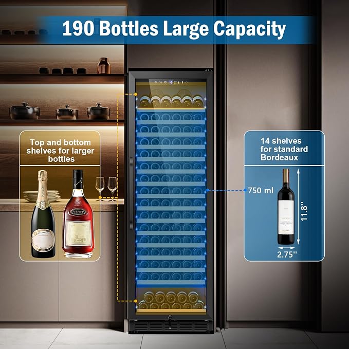 FoMup 24" 190-Bottle Wine Cooler Refrigerator, Freestanding or Built-in | Sliding rail shelves, low noise professional grade, black finish, temperature range 40-65°F, Glass door, digital display