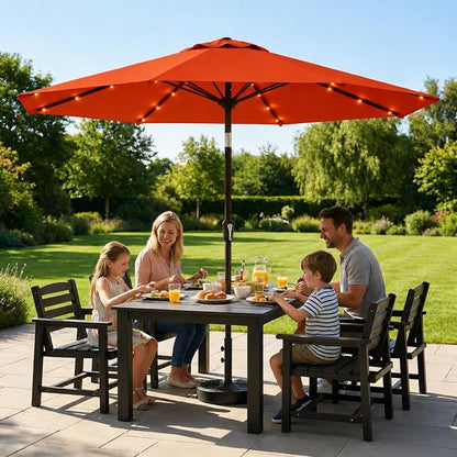 10FT Solar Lighted Patio Umbrella, Outdoor Table Market Umbrellas with Push Button Tilt and Crank, 32 LED Lights, 8 Sturdy Ribs, UV-Resistant for Deck, Garden, Pool