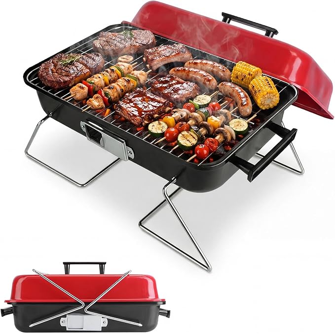 Portable Charcoal BBQ Grill, Foldable BBQ Grill with Grill Net & Lid, Easy Setup Barbecue Grill for Camping Picnic Outdoor Party Backyard (19.7x10.63x11.8in)