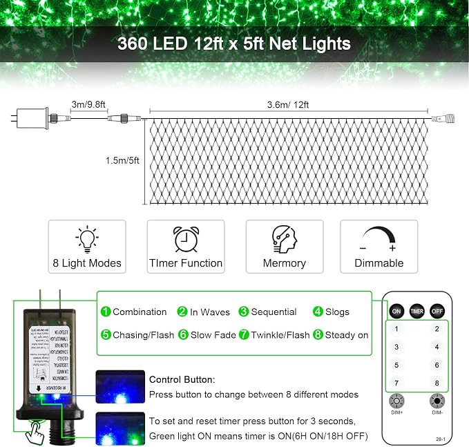 JMEXSUSS 360 LED Halloween Net Lights, Green, 12ft x 5ft | Outdoor Waterproof, Connectable, Plug in, Mesh Lights with Remote for Bushes Shrubs Christmas Halloween Decorations