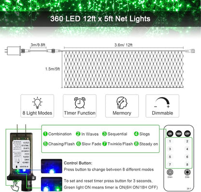 JMEXSUSS 360 LED Halloween Net Lights, Green, 12ft x 5ft | Outdoor Waterproof, Connectable, Plug in, Mesh Lights with Remote for Bushes Shrubs Christmas Halloween Decorations