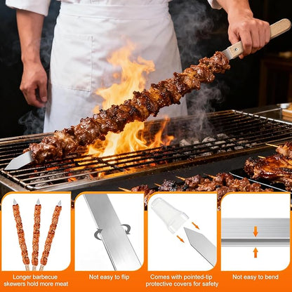 Idong 10 PCS Kabob Skewers 23.6" Flat Stainless Steel BBQ Skewers for Grilling Meat with Wood Handle and Tip Guards, Heavy Duty Reusable for Koobideh Persian Brazilian Shish Kebab (Natural wood)