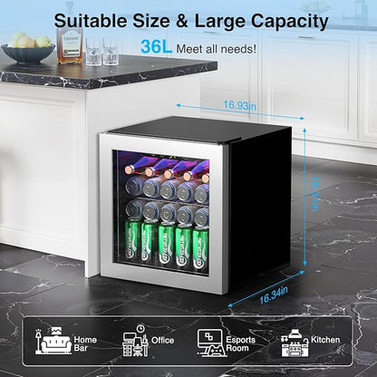 Kismile Mini Refrigerator Cooler 36L Beverage Fridge for 12 Bottle 50 Can,1.3 Cu.Ft Drink Fridge with Seamless Outer Frame,Electronic Temperature Control for Home/Bar/Office 40-61℉,Silver