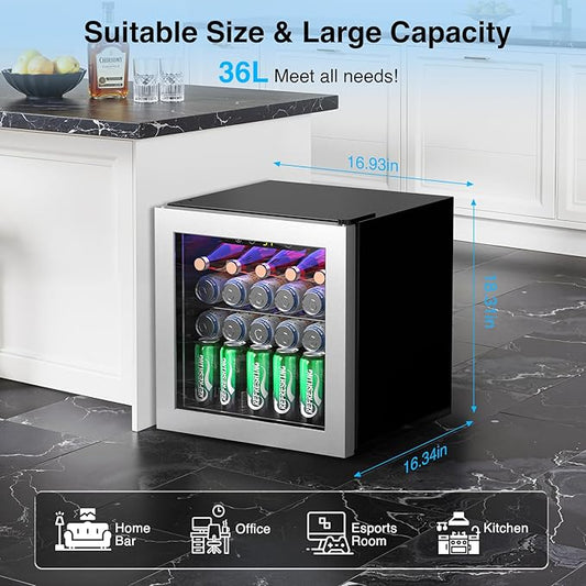 Kismile Mini Refrigerator Cooler 36L Beverage Fridge for 12 Bottle 50 Can,1.3 Cu.Ft Drink Fridge with Seamless Outer Frame,Electronic Temperature Control for Home/Bar/Office 40-61℉,Silver