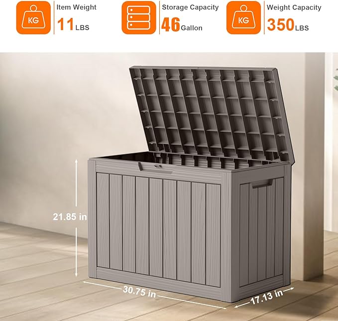 46 Gallon Outdoor Deck Box, Resin Waterproof Storage Box With Lockable Lid, UV-Resistant Multi-Purpose Outdoor Storage Bench for Patio Cushions, Garden Tools, Pool Accessories (46 Gallon, Grey)