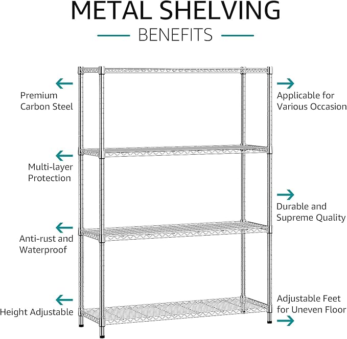 IZEUK 4-Tier Adjustable Heavy Duty Metal Wire Shelving Unit, Wide Storage Rack Organizer for Garage, Kitchen, Office, Dorm, Warehouse (Silver, 15.8" D x 45.8" W x 59.4" H, 1400 lbs Capacity)