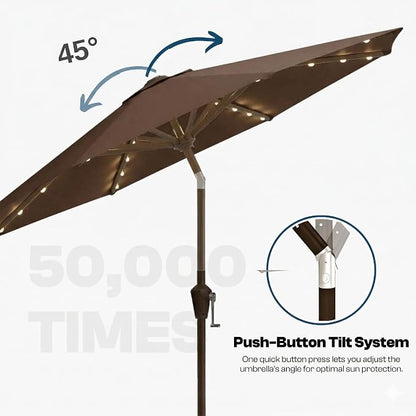 10FT Solar Lighted Patio Umbrella, Outdoor Table Market Umbrellas with Push Button Tilt and Crank, 32 LED Lights, 8 Sturdy Ribs, UV-Resistant for Deck, Garden, Pool