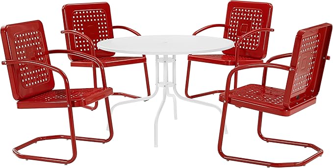Crosley Furniture Bates 5-Piece Outdoor Dining Set for 4, Retro Metal Round Patio Table and Chairs for Deck, Bright Red Gloss