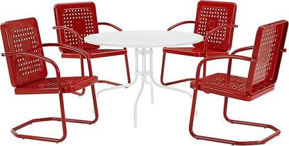 Crosley Furniture Bates 5-Piece Outdoor Dining Set for 4, Retro Metal Round Patio Table and Chairs for Deck, Bright Red Gloss