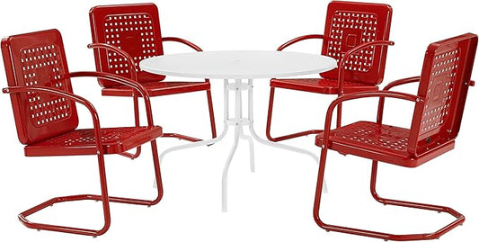 Crosley Furniture Bates 5-Piece Outdoor Dining Set for 4, Retro Metal Round Patio Table and Chairs for Deck, Bright Red Gloss