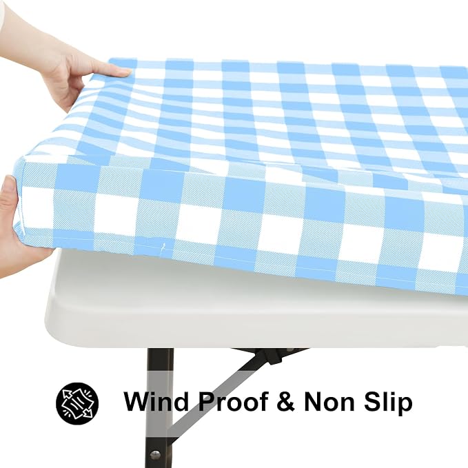 Smiry Rectangle Picnic Table Cloth, Elastic Waterproof Fitted Vinyl Tablecloths, Flannel Backed Buffalo Plaid Table Covers for Dining, Camping, Outdoor (Baby Blue and White, 30" x 60")