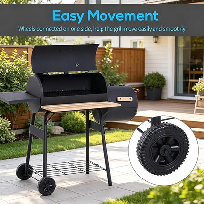 Portable Charcoal Grill with Foldable Side Shelf & Bottom Shelf, BBQ Smoker with Wheels and Adjustable Lid Vents for Picnic, Camping, Backyard Cooking (48.75" x 20.75" x 41")