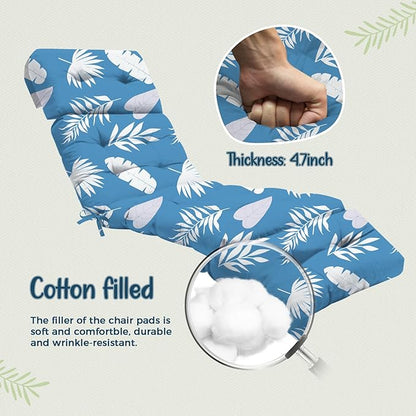 2 Pack Outdoor Chaise Lounge Chair Cushion 75.1 x 22.8 x 4.7 Inches 100% Waterproof Replacement Cotton Patio Pool Lounge Chair Cushion for Outdoor Furniture with Ties, Blue Leaf