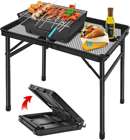 Folding Grill Table Camping Table with Mesh Desktop, Lightweight & Portable Outdoor Picnic Table, Height Adjustable Portable for Outside Inside Use
