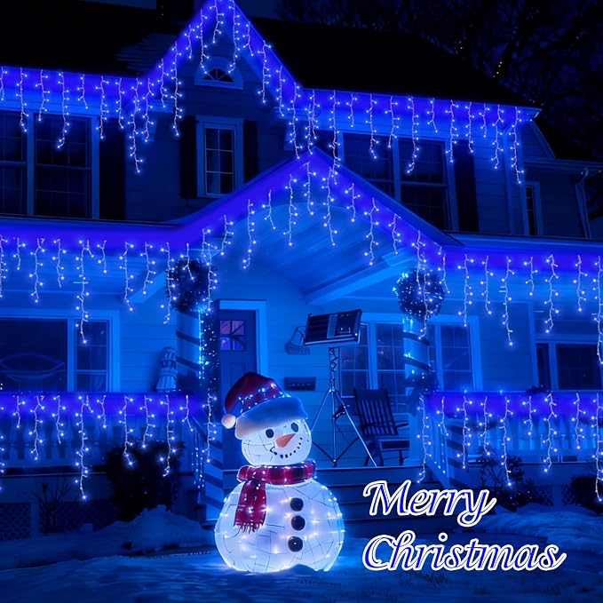 QITONG Blue Icicle Lights for Outside, 33ft 400 LED String Lights Plug in with 8 Modes, Clear Wire Connectable Icicle Christmas Light Indoor