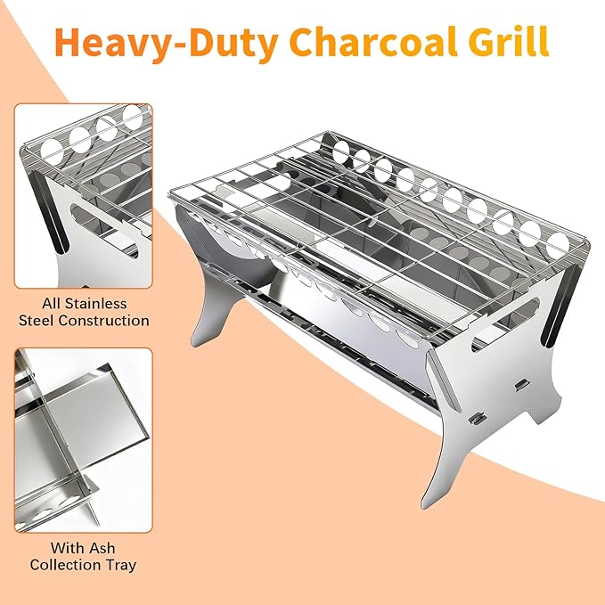 Portable Charcoal Grill, Stainless Steel BBQ Grill – 9x10x17 inch Folding Firepit Grill for Camping, Backyard, Picnic & Outdoor Cooking