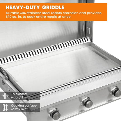 Stanbroil 36-Inch Built-In Gas Griddle for Outdoor Kitchen, Liquid Propane | 304 Stainless Steel Flat Top Grill, 3 Burners, 42,000 BTU, Removable Grease Tray, Hinged Lid, Independent Heat Control