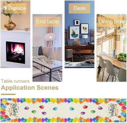 Happy Birthday Table Runner White Table Runner Balloon Confetti Pattern Celebrate Birthday Party Table for Outdoor Home Party 13x36 Inch
