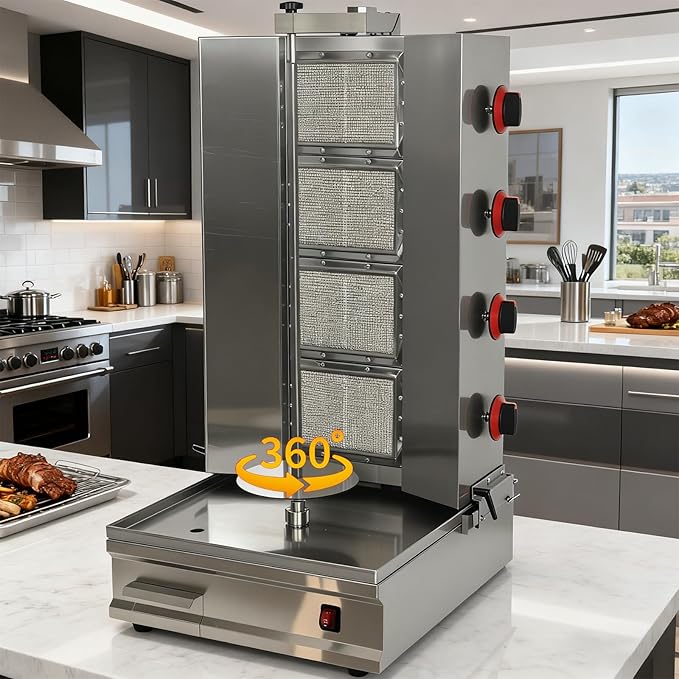 Shawarma Machine Oven Rotisserie Kebab Turkey Infrared Burner, Automatic Rotation and Adjustable Distance, 4 Propane Controls Up to 750°F,Vertical Skewers, Stainless Steel