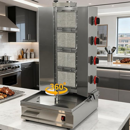 Shawarma Machine Oven Rotisserie Kebab Turkey Infrared Burner, Automatic Rotation and Adjustable Distance, 4 Propane Controls Up to 750°F,Vertical Skewers, Stainless Steel