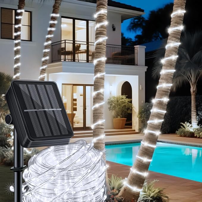 LairtPOW Solar Rope Lights, 39FT 100LEDs Outdoor Solar Strip Lights,IP65 Waterproof Outdoor Led Rope Lights with 8 Lighting Modes for Garden Yard Christmas Holiday Palm Tree Decoration (Cool White)