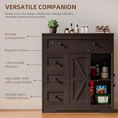 Vabches Farmhouse Storage Cabinet with 2 Doors and 4 Drawers, Freestanding Bathroom Storage Cabinet Kitchen Pantry, Floor Cupboard for Living Room/Bathroom/Kitchen,Espresso