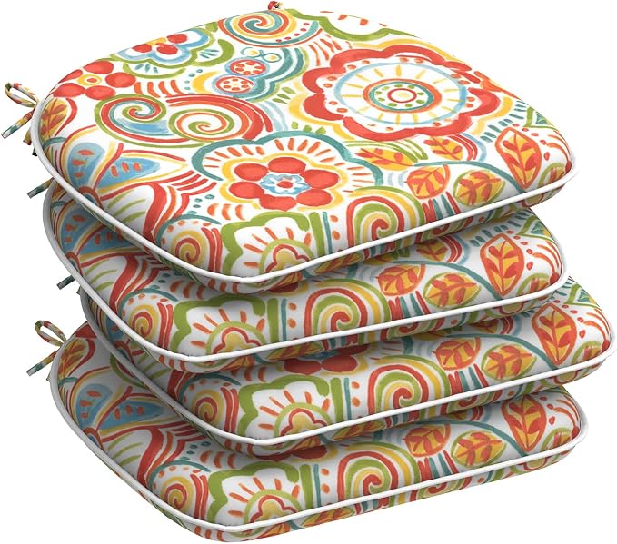 DYTXIII Set of 4 Outdoor Chair Cushions with Ties,Water Repellent Patio Chair Pads 17"x 16" for Outdoor Furniture,Round Corner Seat Cushions for Garden Yard Kitchen Flower Red